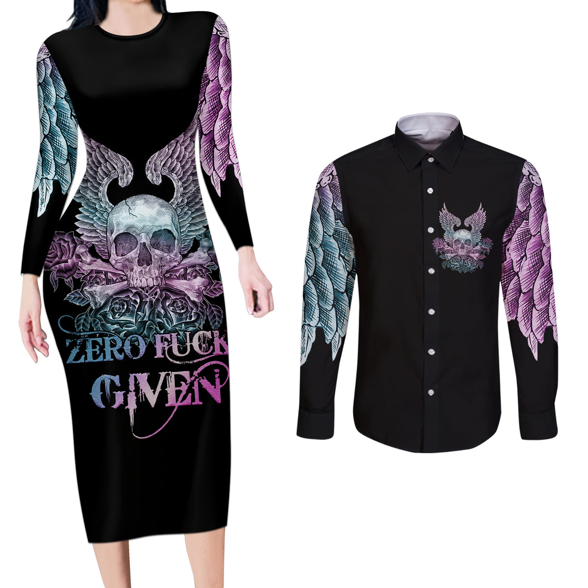 Skull Wings Roses - Zero Fuck Given Couples Matching Long Sleeve Bodycon Dress and Long Sleeve Button Shirt - Wonder Print Shop