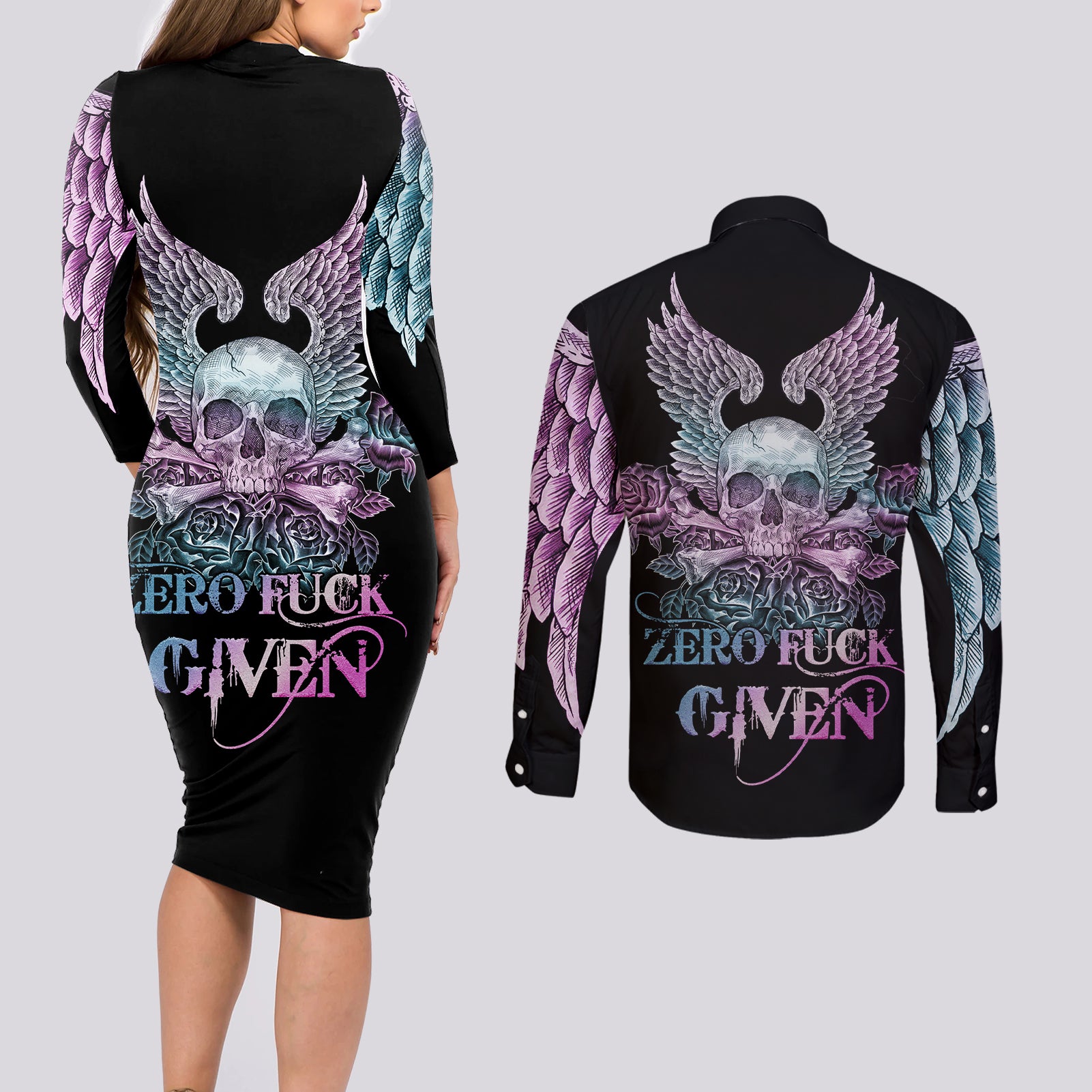 Skull Wings Roses - Zero Fuck Given Couples Matching Long Sleeve Bodycon Dress and Long Sleeve Button Shirt - Wonder Print Shop