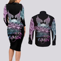 Skull Wings Roses - Zero Fuck Given Couples Matching Long Sleeve Bodycon Dress and Long Sleeve Button Shirt - Wonder Print Shop