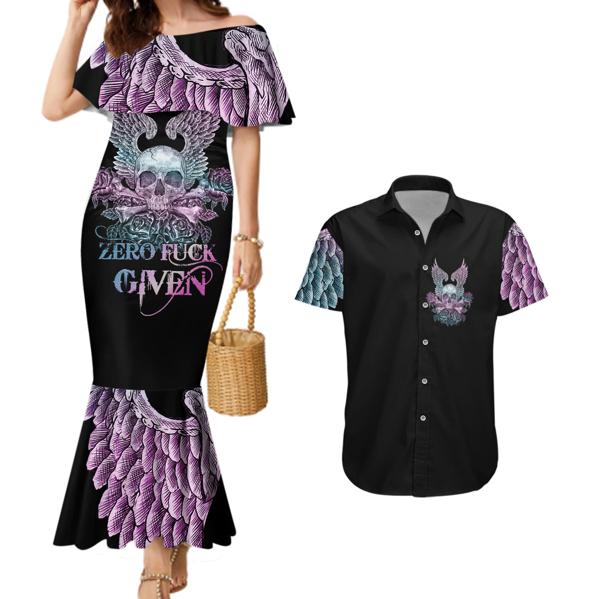 Skull Wings Roses - Zero Fuck Given Couples Matching Mermaid Dress and Hawaiian Shirt - Wonder Print Shop