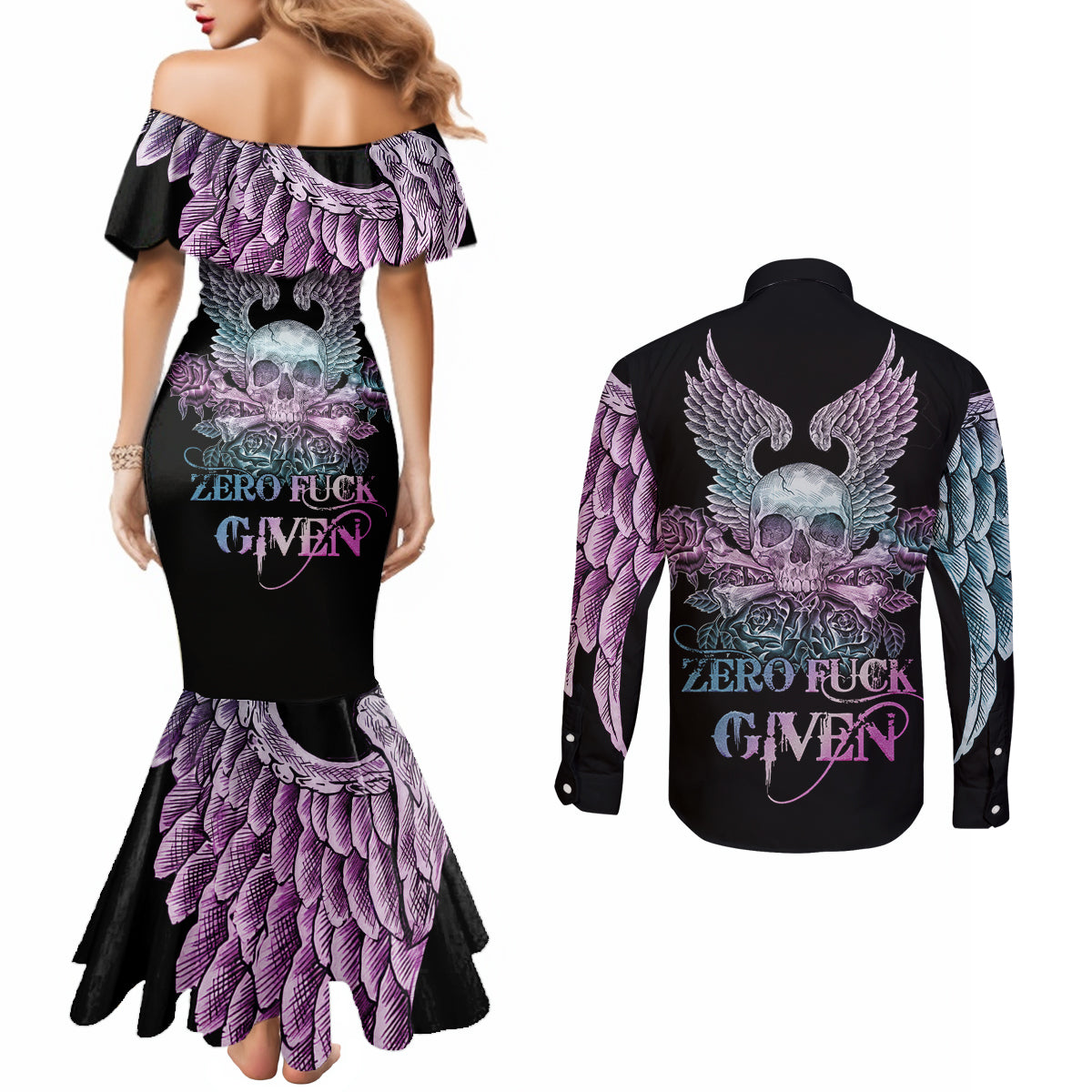 skull-wings-roses-zero-fuck-given-couples-matching-mermaid-dress-and-long-sleeve-button-shirt
