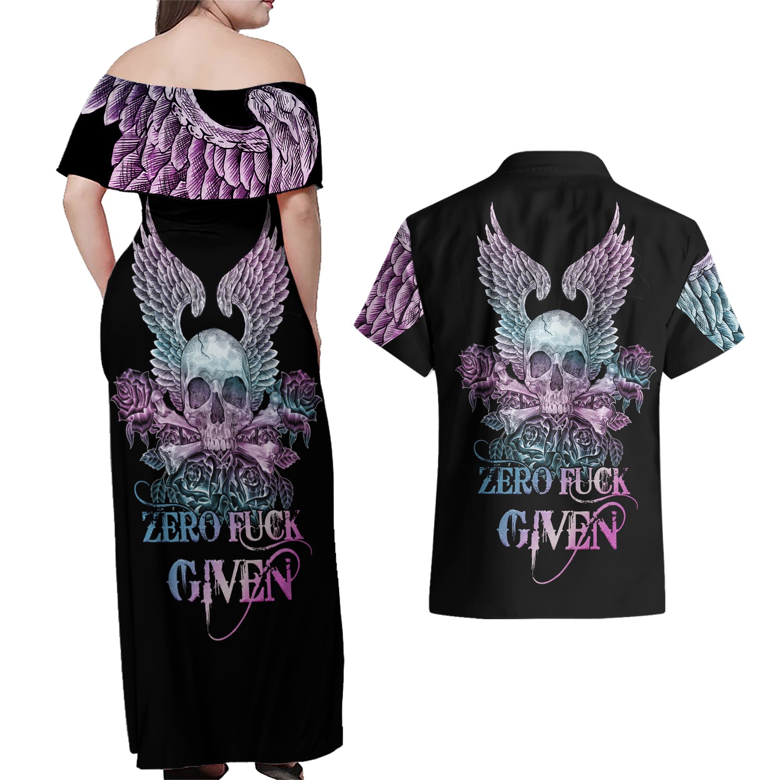 Skull Wings Roses - Zero Fuck Given Couples Matching Off Shoulder Maxi Dress and Hawaiian Shirt - Wonder Print Shop