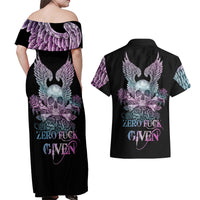 Skull Wings Roses - Zero Fuck Given Couples Matching Off Shoulder Maxi Dress and Hawaiian Shirt - Wonder Print Shop