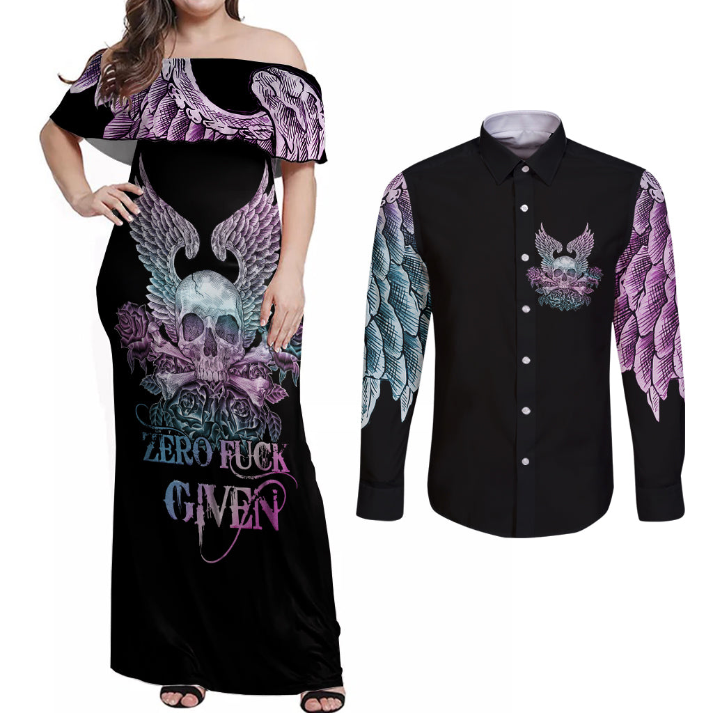 Skull Wings Roses - Zero Fuck Given Couples Matching Off Shoulder Maxi Dress and Long Sleeve Button Shirt - Wonder Print Shop