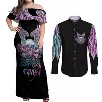 Skull Wings Roses - Zero Fuck Given Couples Matching Off Shoulder Maxi Dress and Long Sleeve Button Shirt - Wonder Print Shop