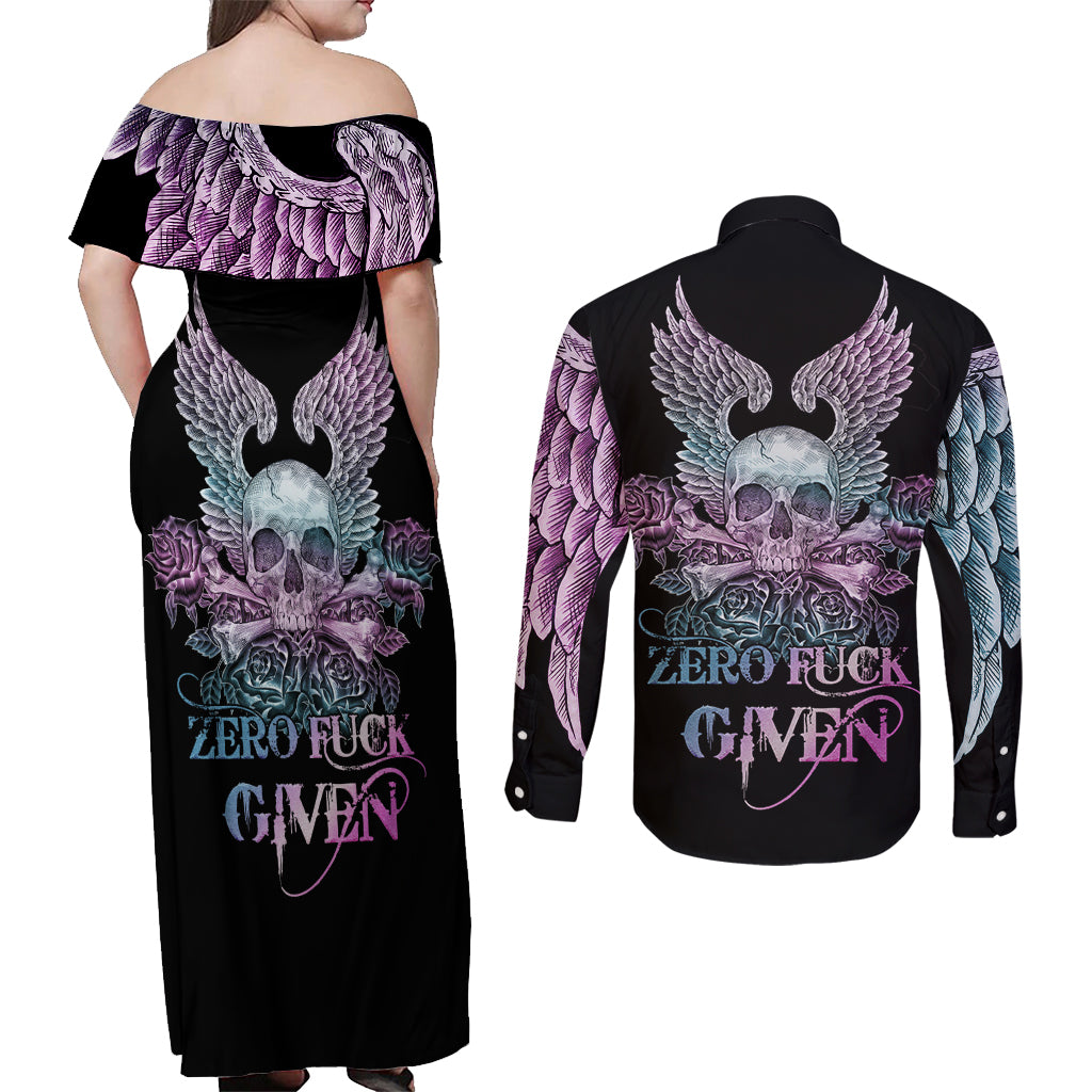 Skull Wings Roses - Zero Fuck Given Couples Matching Off Shoulder Maxi Dress and Long Sleeve Button Shirt - Wonder Print Shop
