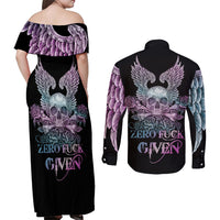 Skull Wings Roses - Zero Fuck Given Couples Matching Off Shoulder Maxi Dress and Long Sleeve Button Shirt - Wonder Print Shop