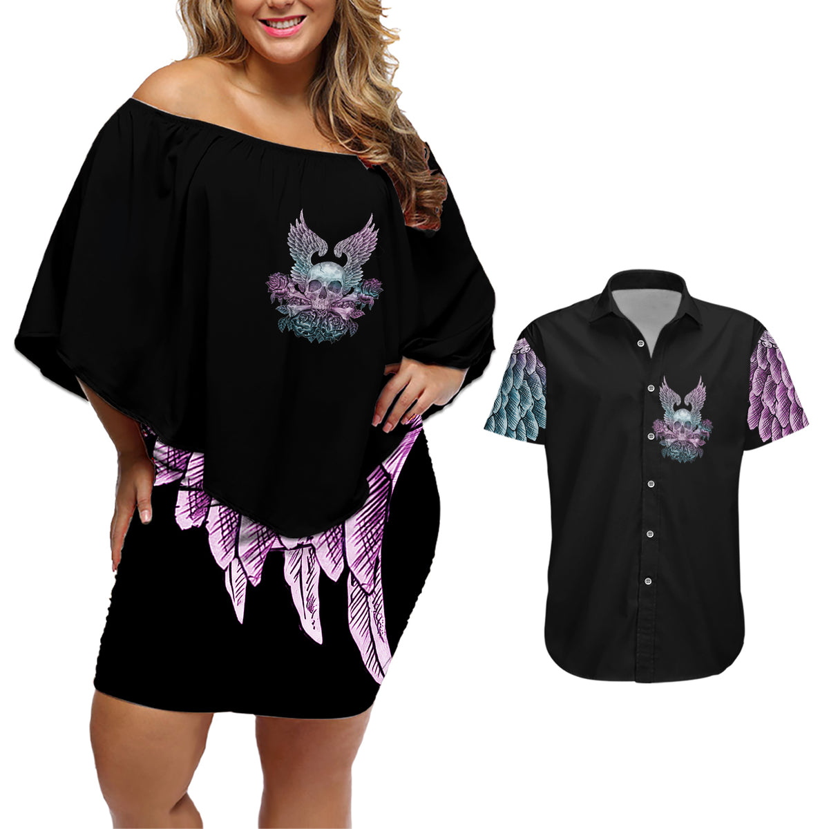 Skull Wings Roses - Zero Fuck Given Couples Matching Off Shoulder Short Dress and Hawaiian Shirt - Wonder Print Shop