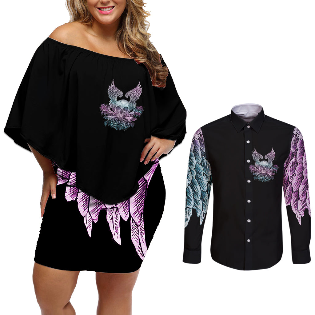 Skull Wings Roses - Zero Fuck Given Couples Matching Off Shoulder Short Dress and Long Sleeve Button Shirt - Wonder Print Shop