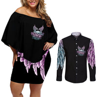 Skull Wings Roses - Zero Fuck Given Couples Matching Off Shoulder Short Dress and Long Sleeve Button Shirt - Wonder Print Shop