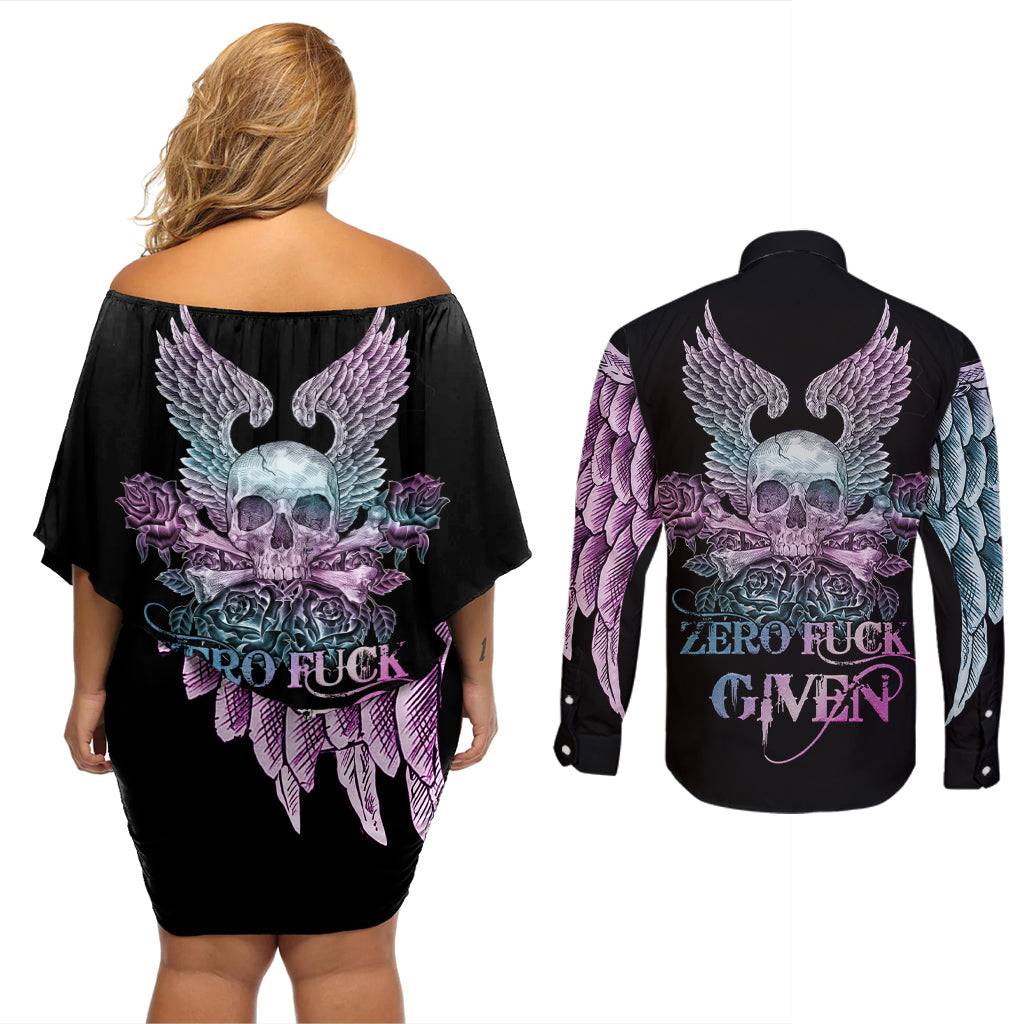 Skull Wings Roses - Zero Fuck Given Couples Matching Off Shoulder Short Dress and Long Sleeve Button Shirt - Wonder Print Shop