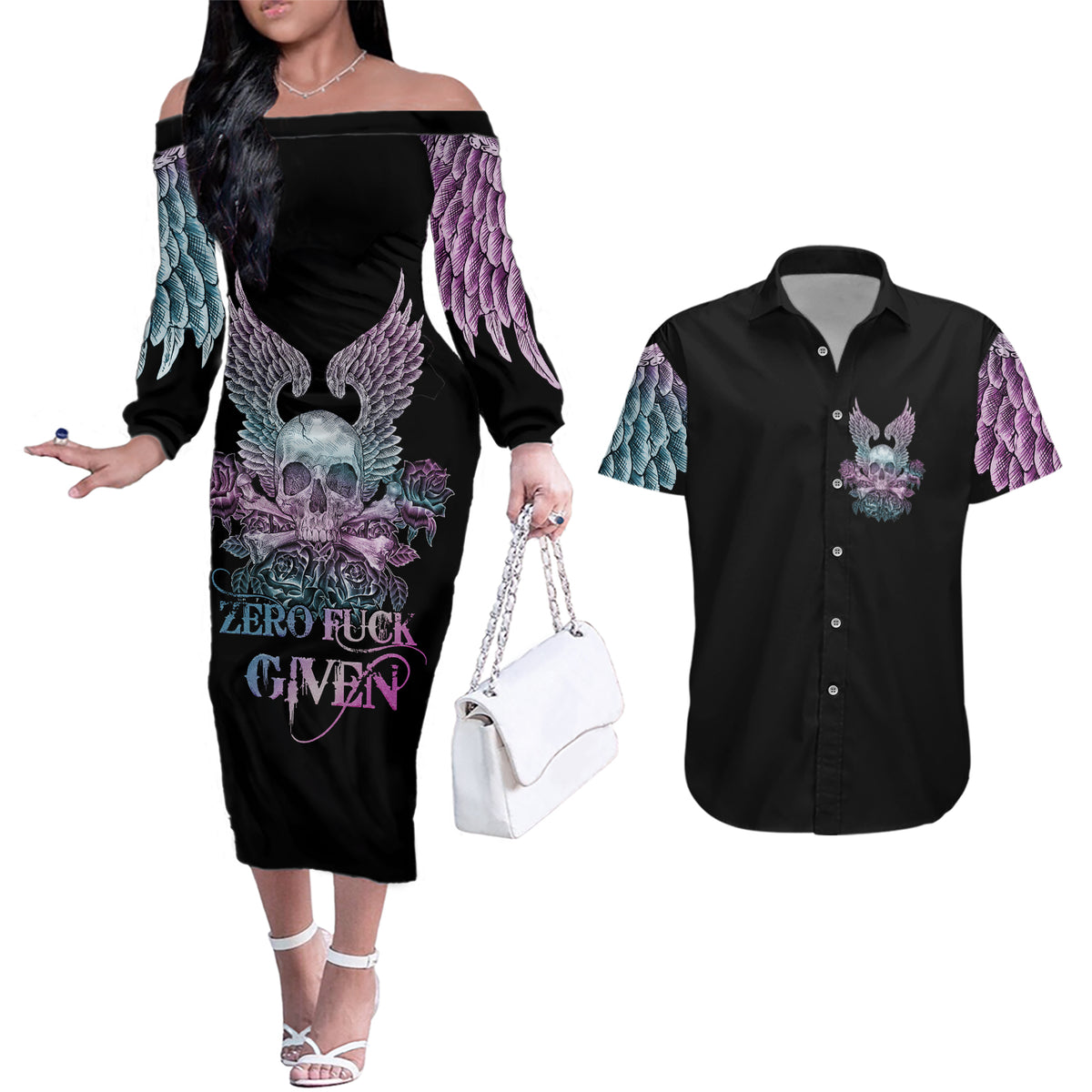 Skull Wings Roses - Zero Fuck Given Couples Matching Off The Shoulder Long Sleeve Dress and Hawaiian Shirt - Wonder Print Shop