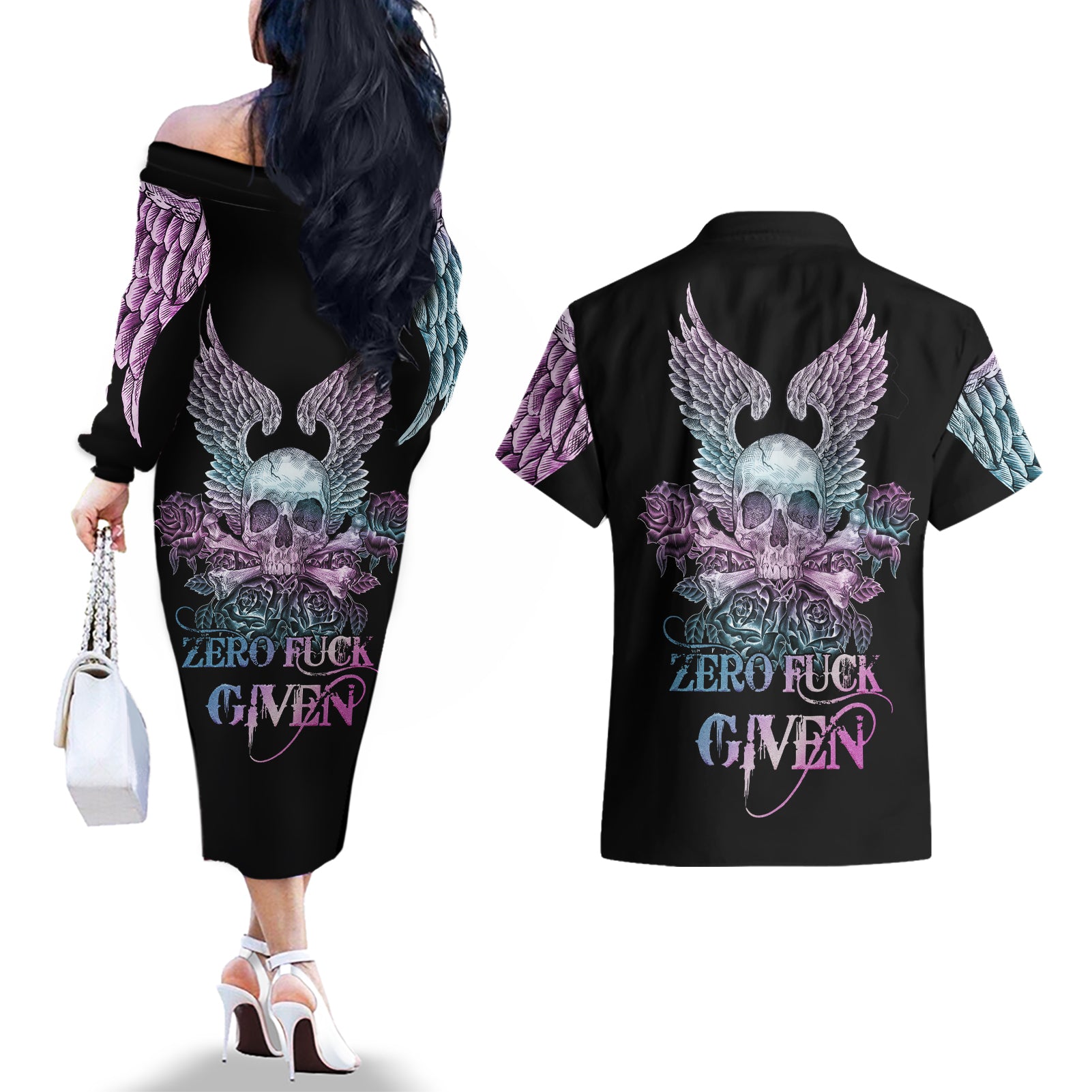 Skull Wings Roses - Zero Fuck Given Couples Matching Off The Shoulder Long Sleeve Dress and Hawaiian Shirt - Wonder Print Shop
