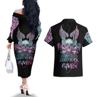 Skull Wings Roses - Zero Fuck Given Couples Matching Off The Shoulder Long Sleeve Dress and Hawaiian Shirt - Wonder Print Shop