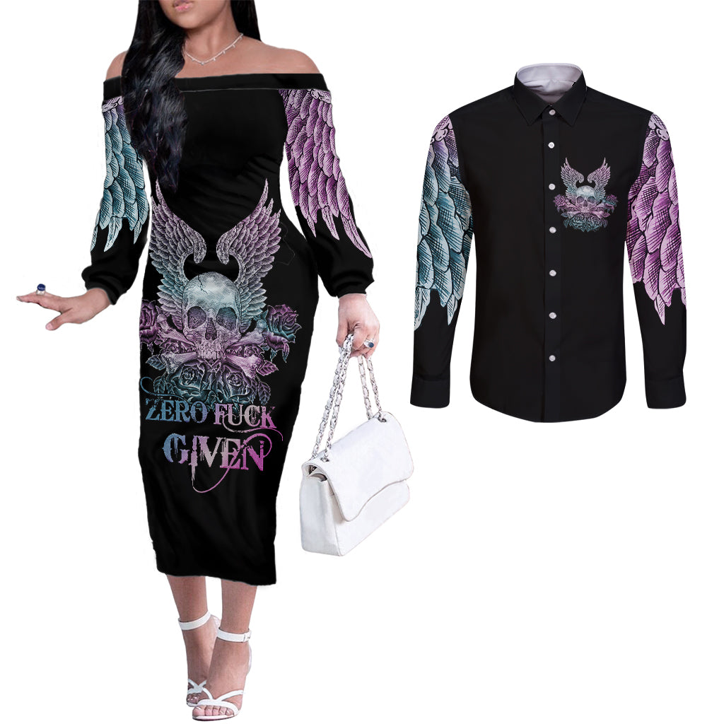skull-wings-roses-zero-fuck-given-couples-matching-off-the-shoulder-long-sleeve-dress-and-long-sleeve-button-shirt