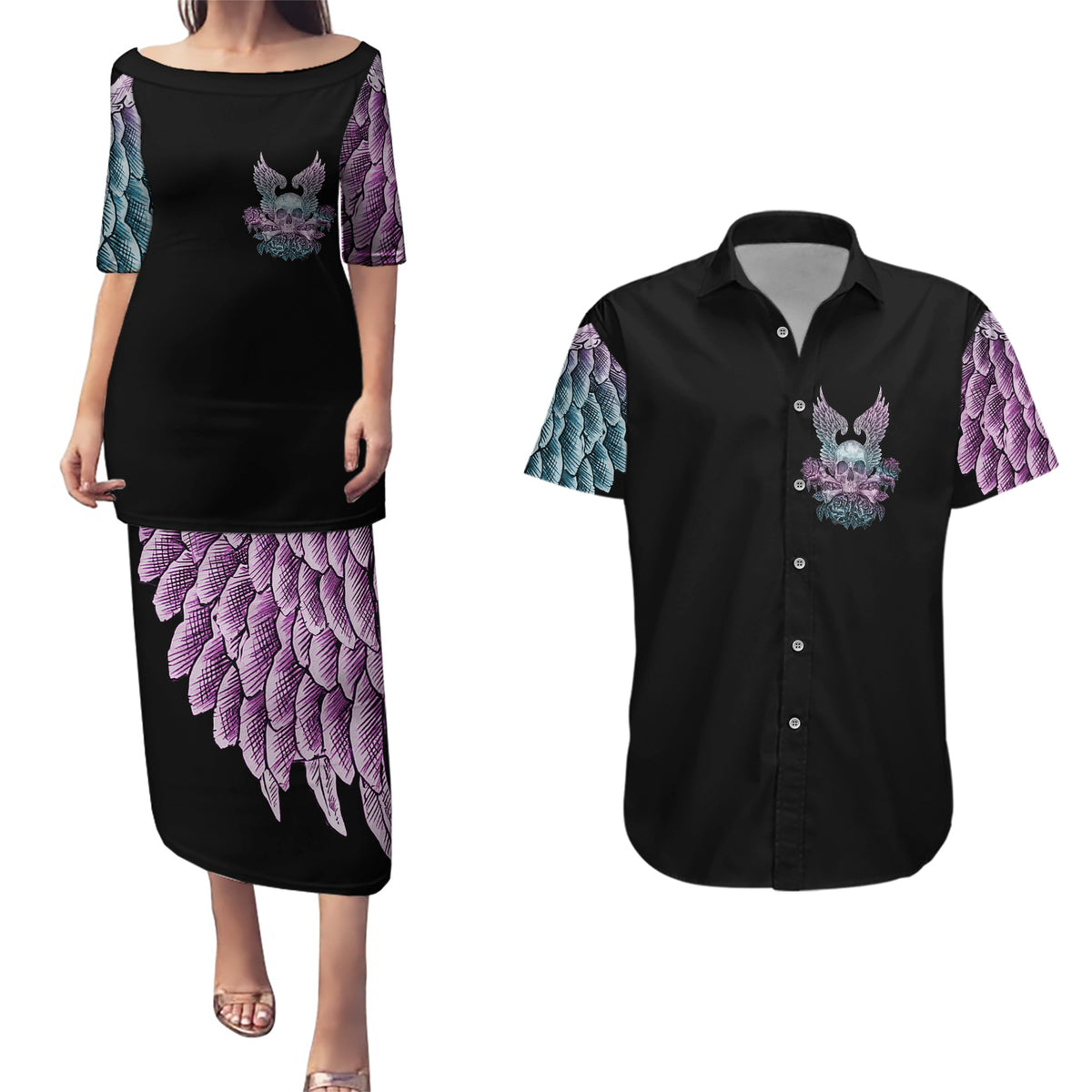 Skull Wings Roses - Zero Fuck Given Couples Matching Puletasi Dress and Hawaiian Shirt - Wonder Print Shop
