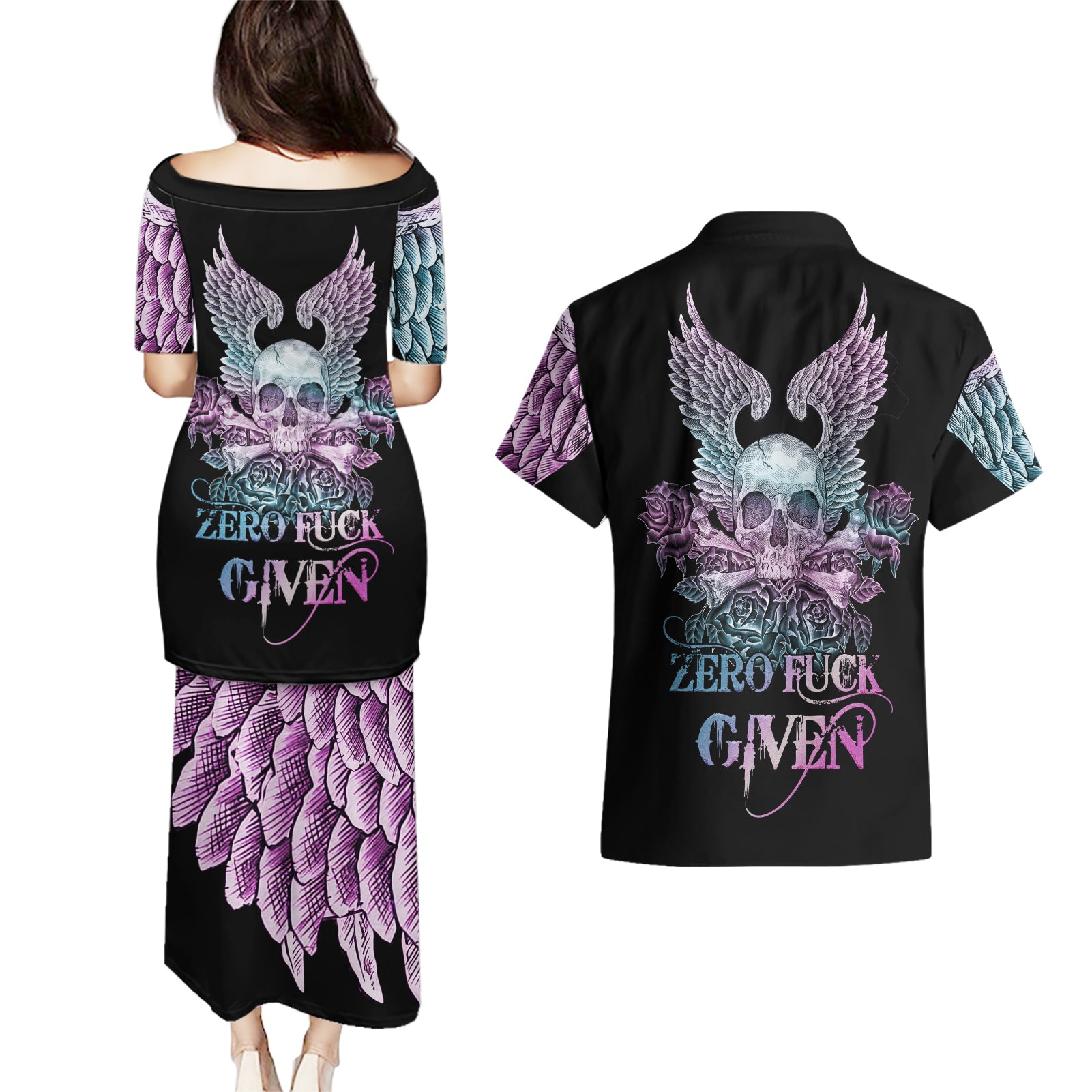 Skull Wings Roses - Zero Fuck Given Couples Matching Puletasi Dress and Hawaiian Shirt - Wonder Print Shop