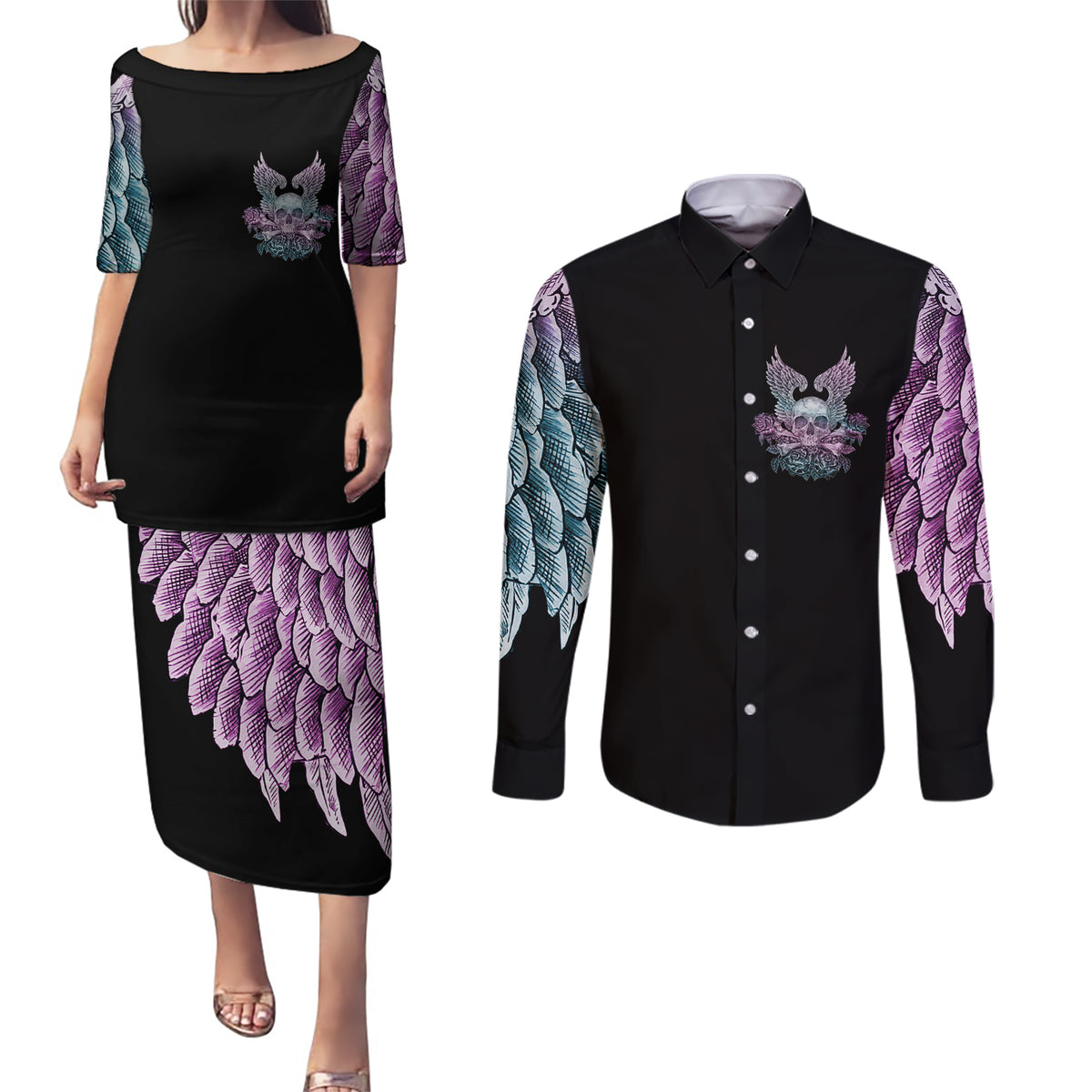 Skull Wings Roses - Zero Fuck Given Couples Matching Puletasi Dress and Long Sleeve Button Shirt - Wonder Print Shop