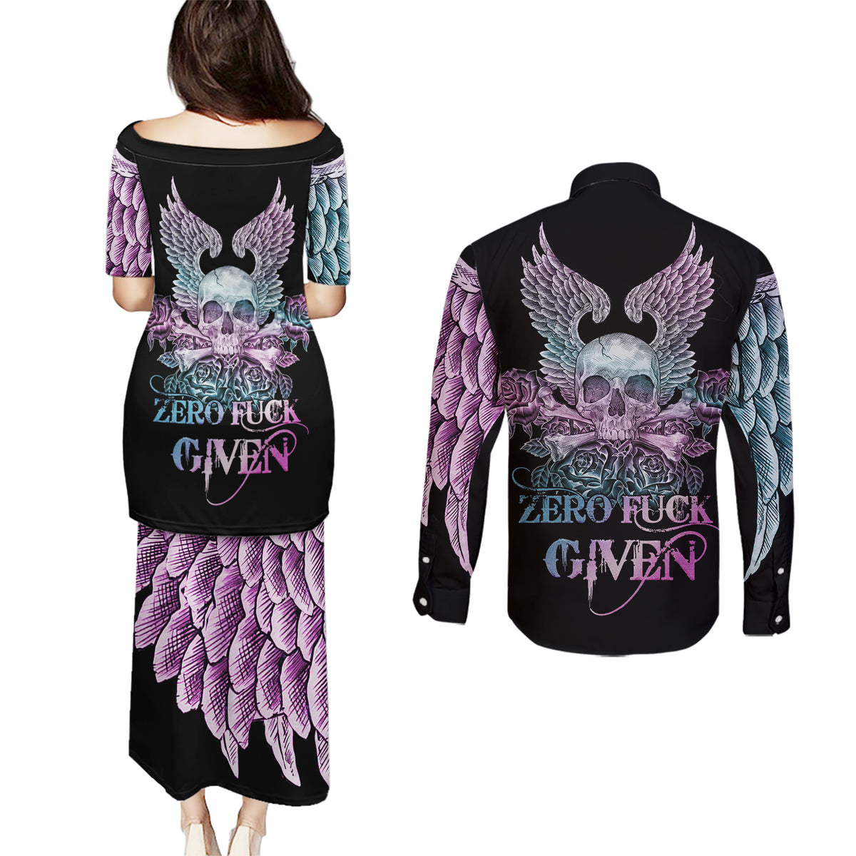 Skull Wings Roses - Zero Fuck Given Couples Matching Puletasi Dress and Long Sleeve Button Shirt - Wonder Print Shop