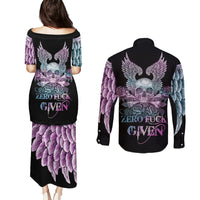 Skull Wings Roses - Zero Fuck Given Couples Matching Puletasi Dress and Long Sleeve Button Shirt - Wonder Print Shop