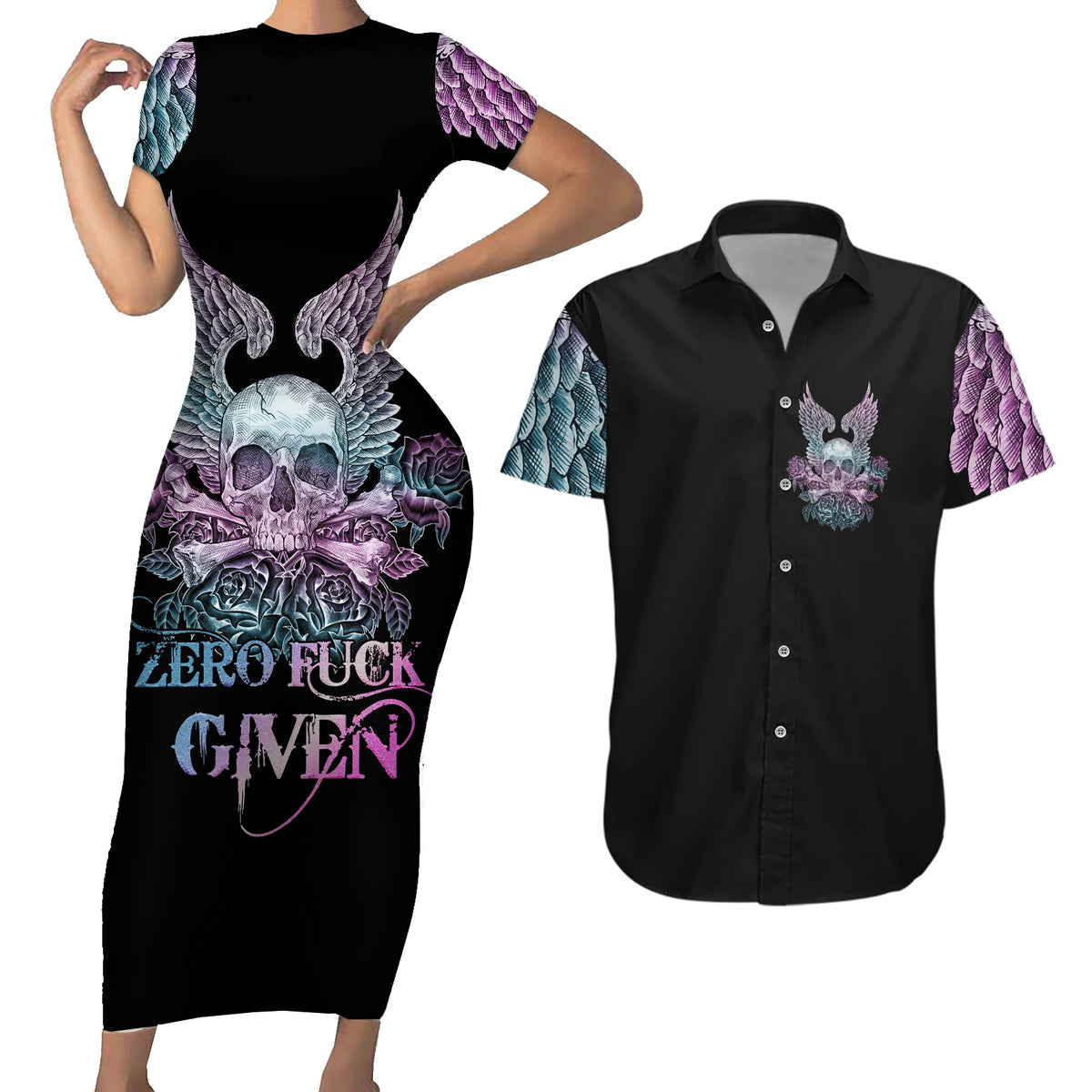 Skull Wings Roses - Zero Fuck Given Couples Matching Short Sleeve Bodycon Dress and Hawaiian Shirt - Wonder Print Shop