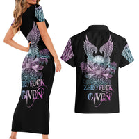 Skull Wings Roses - Zero Fuck Given Couples Matching Short Sleeve Bodycon Dress and Hawaiian Shirt - Wonder Print Shop