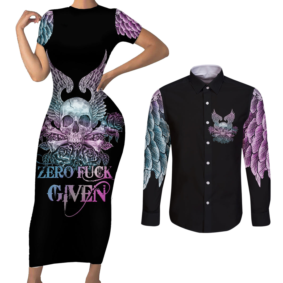 Skull Wings Roses - Zero Fuck Given Couples Matching Short Sleeve Bodycon Dress and Long Sleeve Button Shirt - Wonder Print Shop