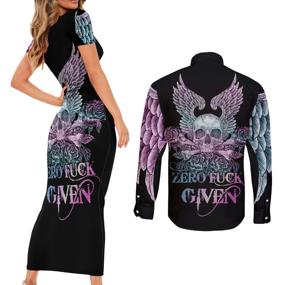 Skull Wings Roses - Zero Fuck Given Couples Matching Short Sleeve Bodycon Dress and Long Sleeve Button Shirt - Wonder Print Shop