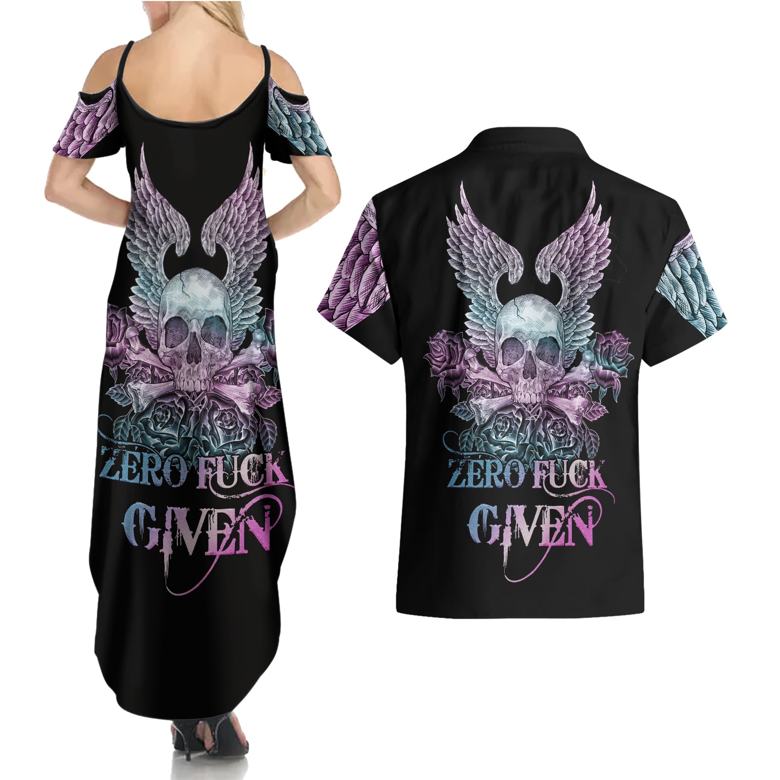 Skull Wings Roses - Zero Fuck Given Couples Matching Summer Maxi Dress and Hawaiian Shirt - Wonder Print Shop