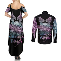 Skull Wings Roses - Zero Fuck Given Couples Matching Summer Maxi Dress and Long Sleeve Button Shirt - Wonder Print Shop