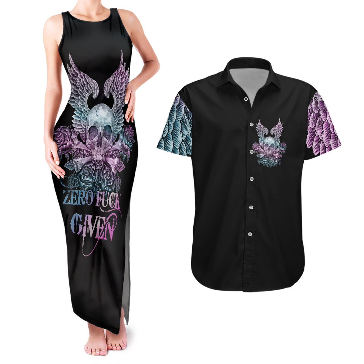 Skull Wings Roses - Zero Fuck Given Couples Matching Tank Maxi Dress and Hawaiian Shirt - Wonder Print Shop