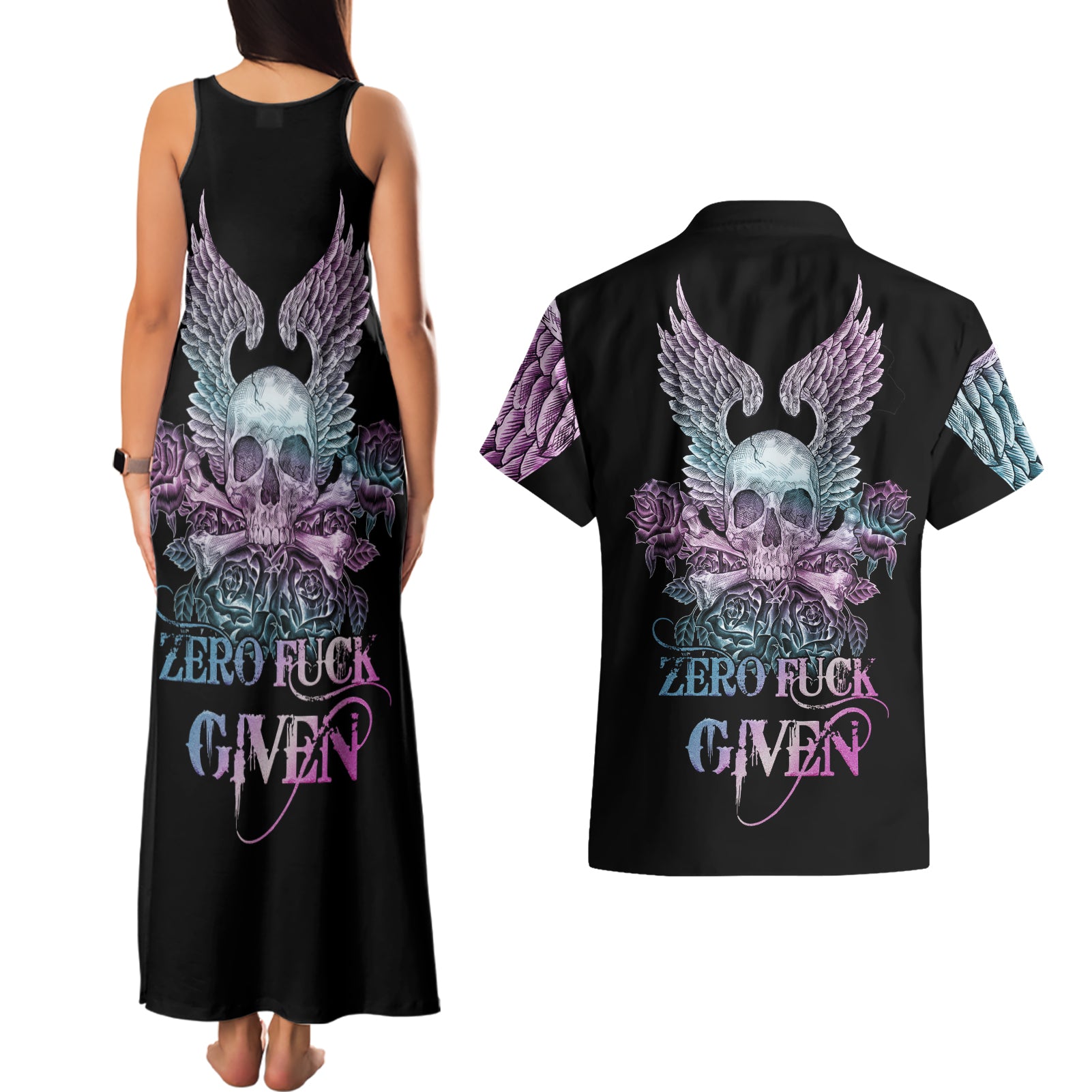 Skull Wings Roses - Zero Fuck Given Couples Matching Tank Maxi Dress and Hawaiian Shirt - Wonder Print Shop