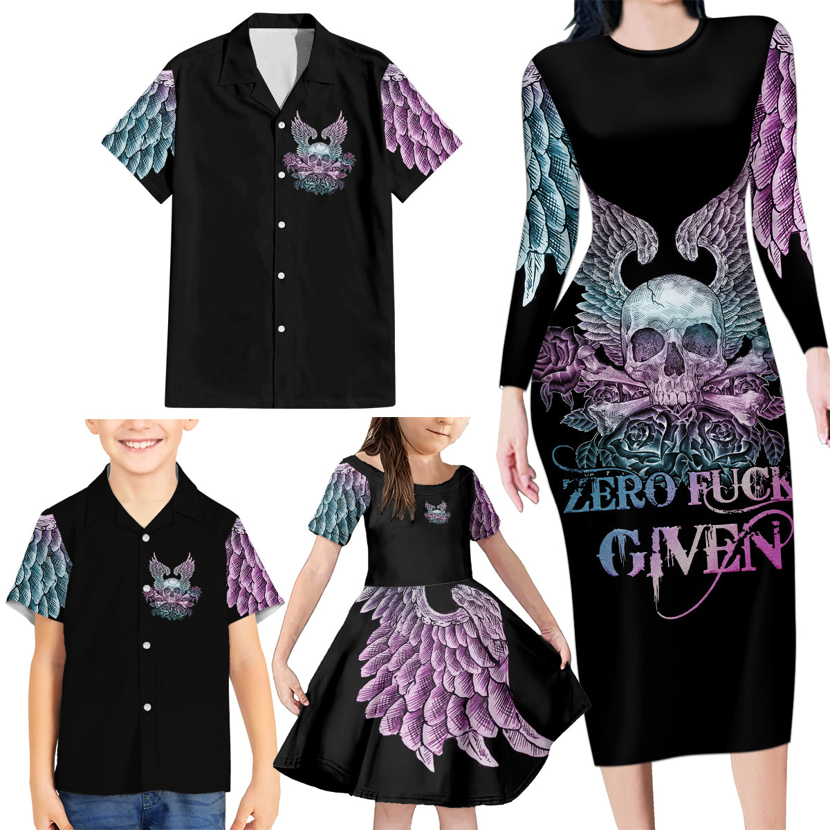 Skull Wings Roses - Zero Fuck Given Family Matching Long Sleeve Bodycon Dress and Hawaiian Shirt - Wonder Print Shop