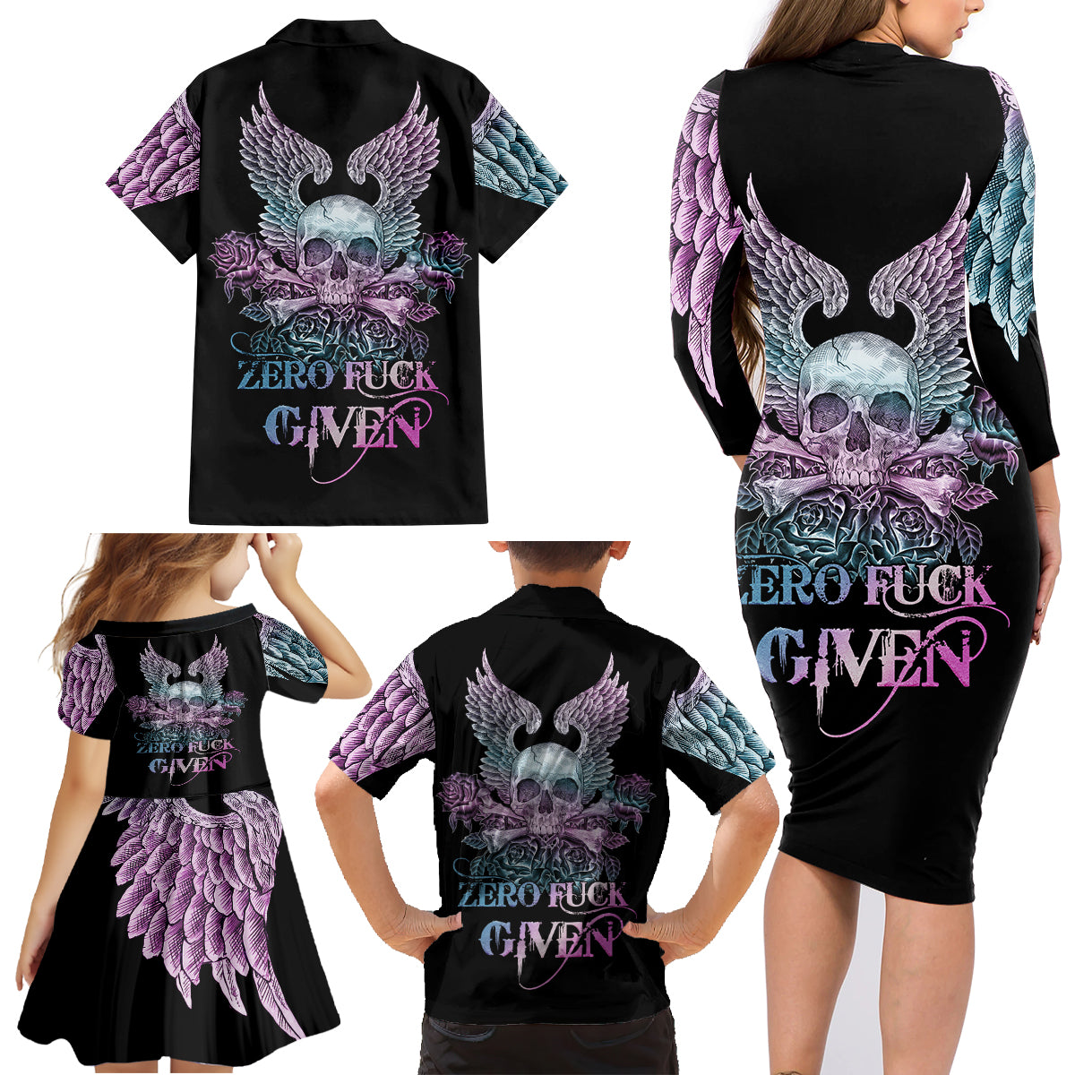 Skull Wings Roses - Zero Fuck Given Family Matching Long Sleeve Bodycon Dress and Hawaiian Shirt - Wonder Print Shop