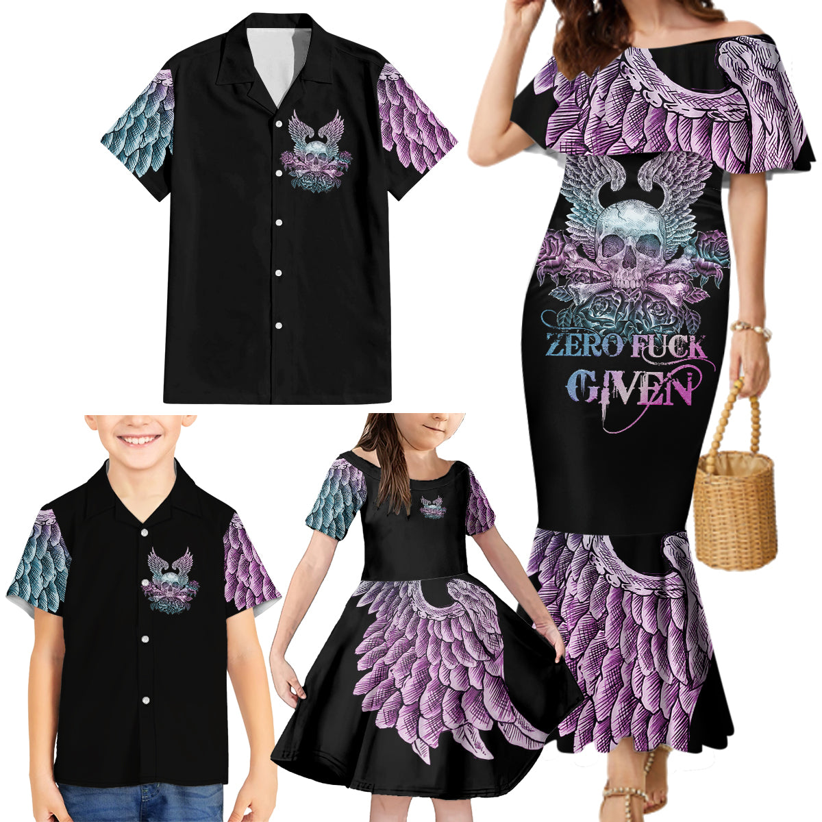 Skull Wings Roses - Zero Fuck Given Family Matching Mermaid Dress and Hawaiian Shirt - Wonder Print Shop
