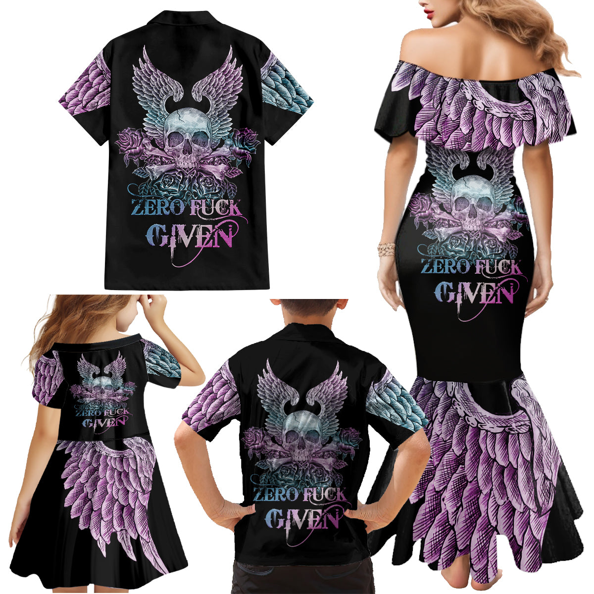 Skull Wings Roses - Zero Fuck Given Family Matching Mermaid Dress and Hawaiian Shirt - Wonder Print Shop