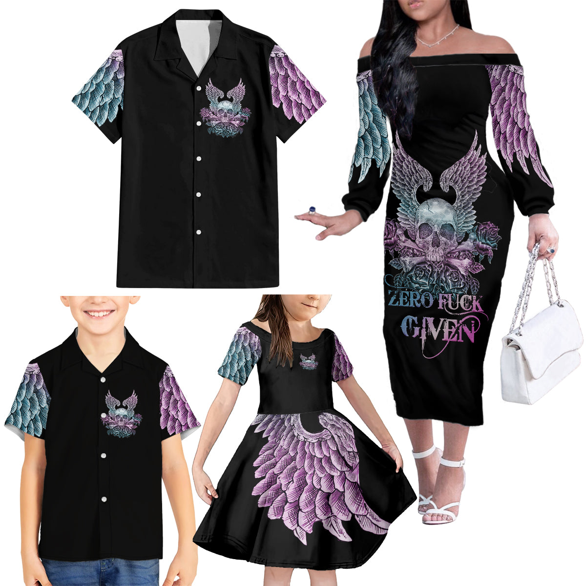 Skull Wings Roses - Zero Fuck Given Family Matching Off Shoulder Long Sleeve Dress and Hawaiian Shirt - Wonder Print Shop