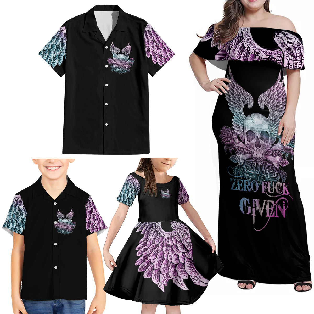 Skull Wings Roses - Zero Fuck Given Family Matching Off Shoulder Maxi Dress and Hawaiian Shirt - Wonder Print Shop