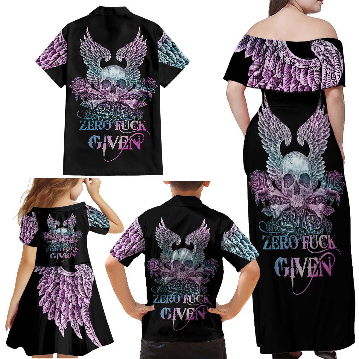 Skull Wings Roses - Zero Fuck Given Family Matching Off Shoulder Maxi Dress and Hawaiian Shirt - Wonder Print Shop