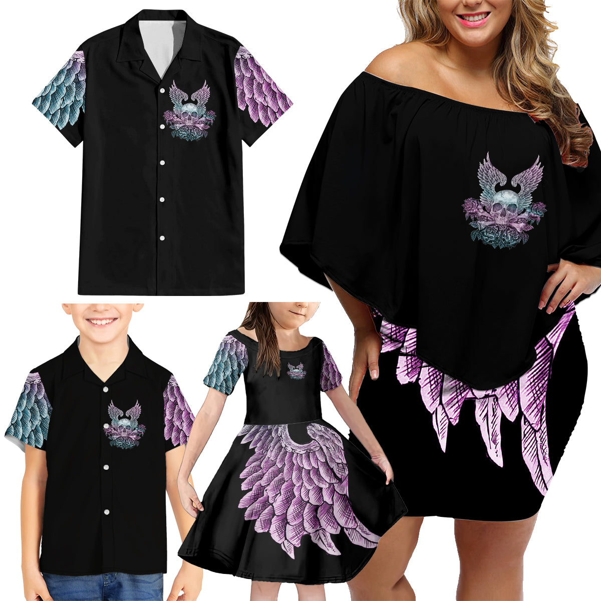 Skull Wings Roses - Zero Fuck Given Family Matching Off Shoulder Short Dress and Hawaiian Shirt - Wonder Print Shop