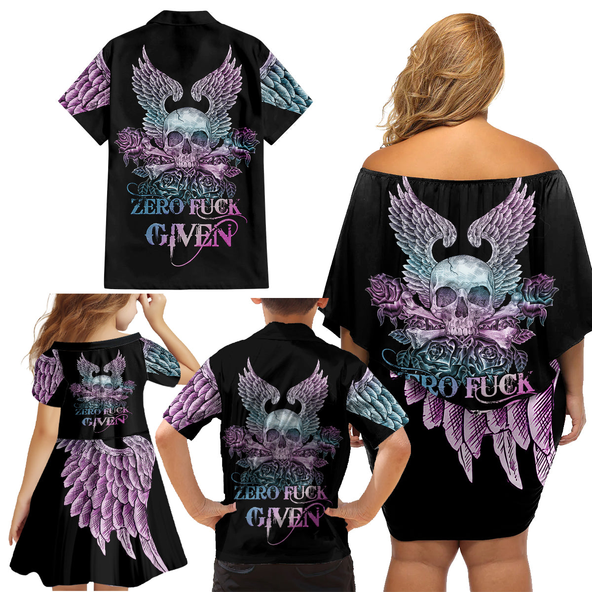 Skull Wings Roses - Zero Fuck Given Family Matching Off Shoulder Short Dress and Hawaiian Shirt - Wonder Print Shop