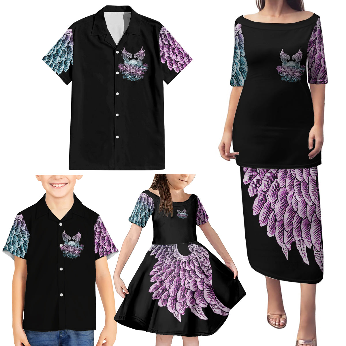 Skull Wings Roses - Zero Fuck Given Family Matching Puletasi Dress and Hawaiian Shirt - Wonder Print Shop