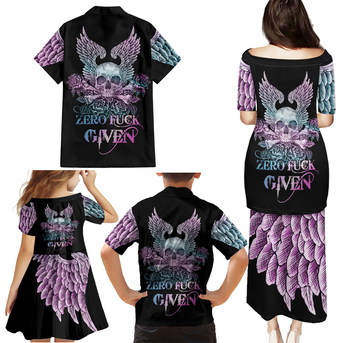 Skull Wings Roses - Zero Fuck Given Family Matching Puletasi Dress and Hawaiian Shirt - Wonder Print Shop