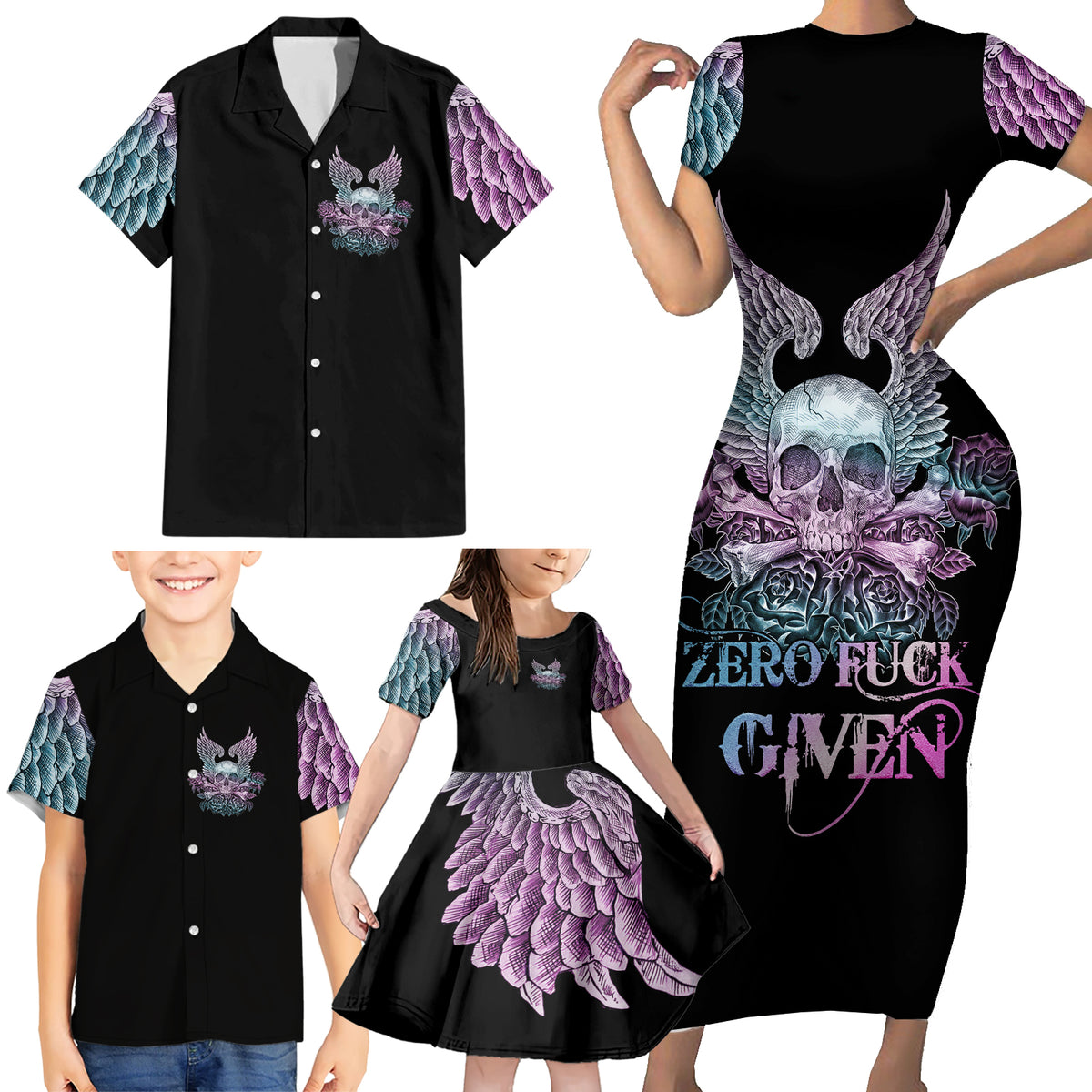 Skull Wings Roses - Zero Fuck Given Family Matching Short Sleeve Bodycon Dress and Hawaiian Shirt - Wonder Print Shop