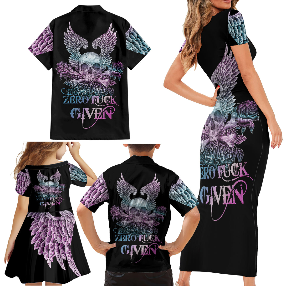 Skull Wings Roses - Zero Fuck Given Family Matching Short Sleeve Bodycon Dress and Hawaiian Shirt - Wonder Print Shop