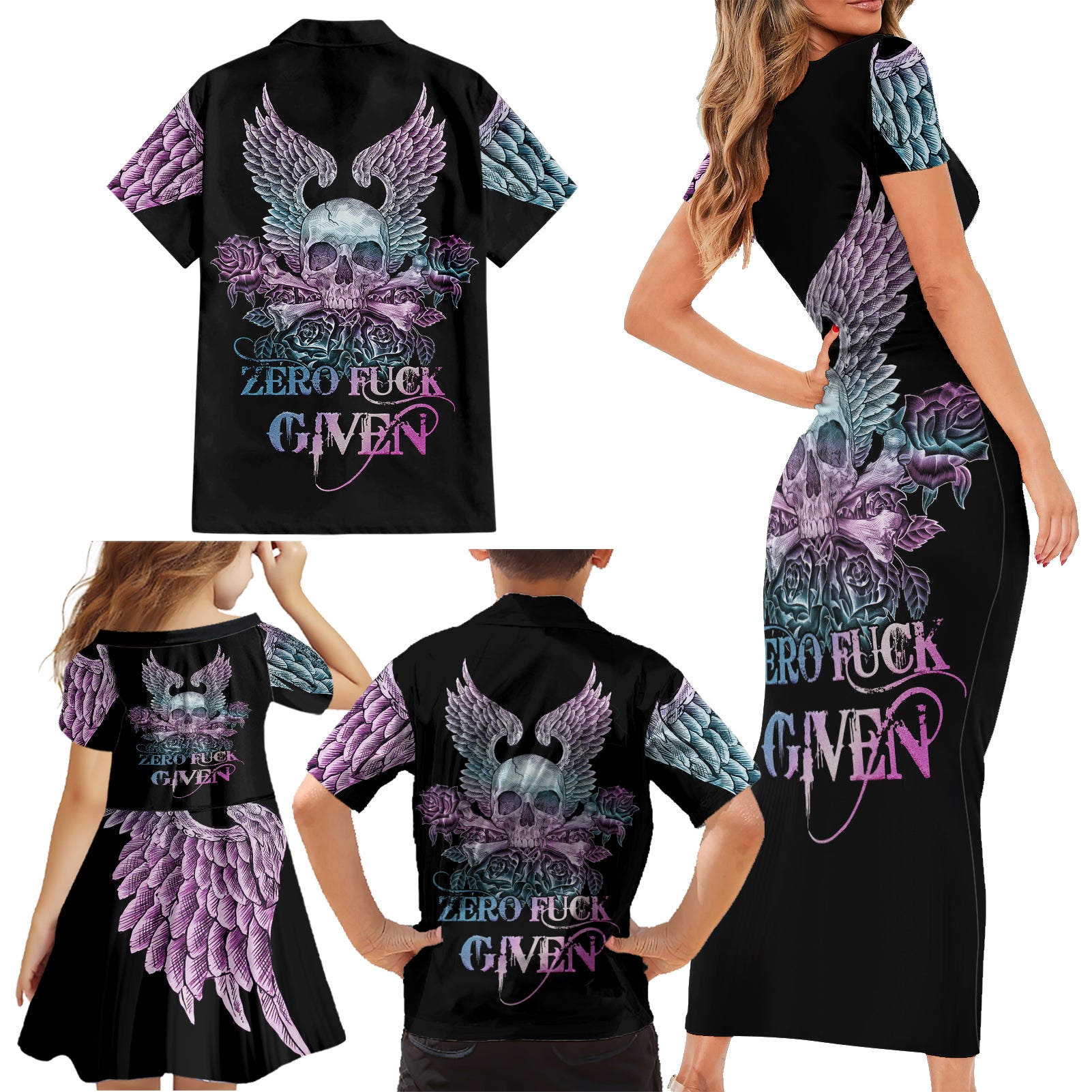 Skull Wings Roses - Zero Fuck Given Family Matching Short Sleeve Bodycon Dress and Hawaiian Shirt - Wonder Print Shop