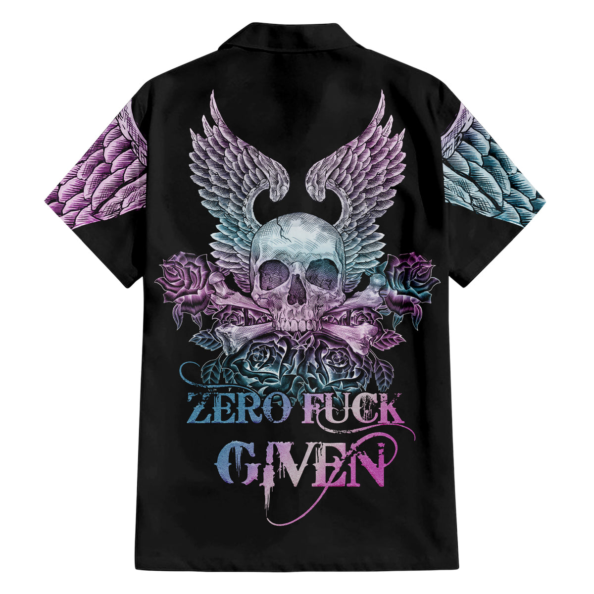 Skull Wings Roses - Zero Fuck Given Family Matching Short Sleeve Bodycon Dress and Hawaiian Shirt - Wonder Print Shop
