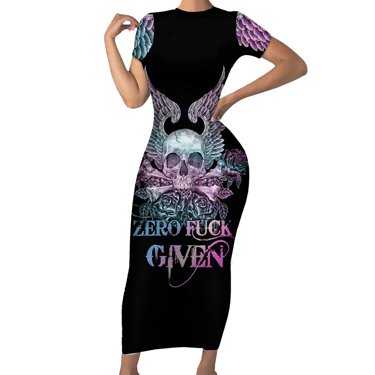 Skull Wings Roses - Zero Fuck Given Family Matching Short Sleeve Bodycon Dress and Hawaiian Shirt - Wonder Print Shop