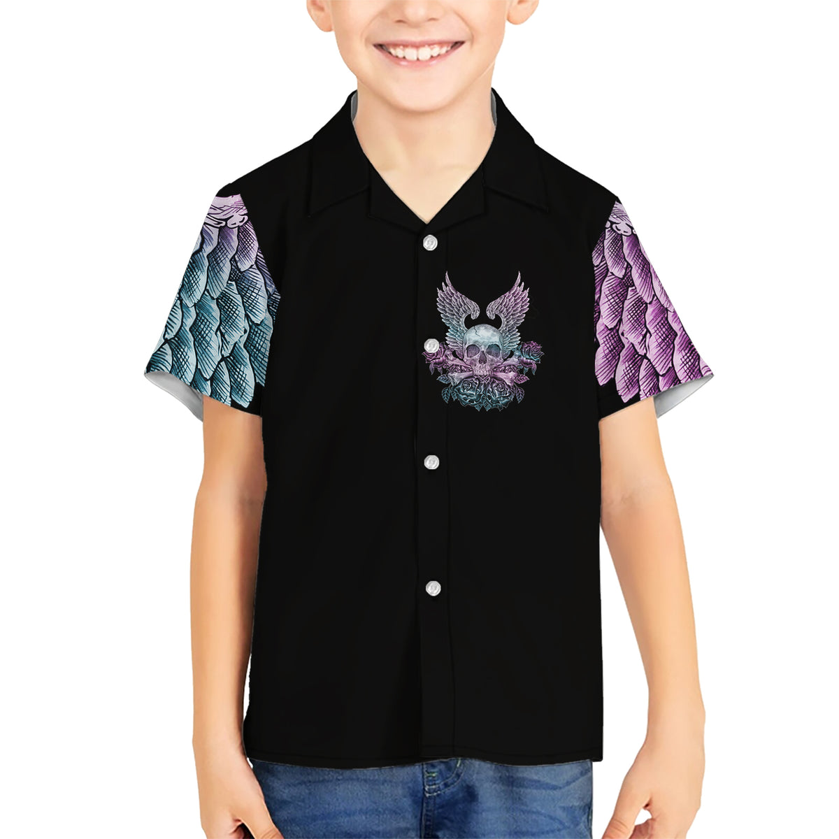 Skull Wings Roses - Zero Fuck Given Family Matching Short Sleeve Bodycon Dress and Hawaiian Shirt - Wonder Print Shop