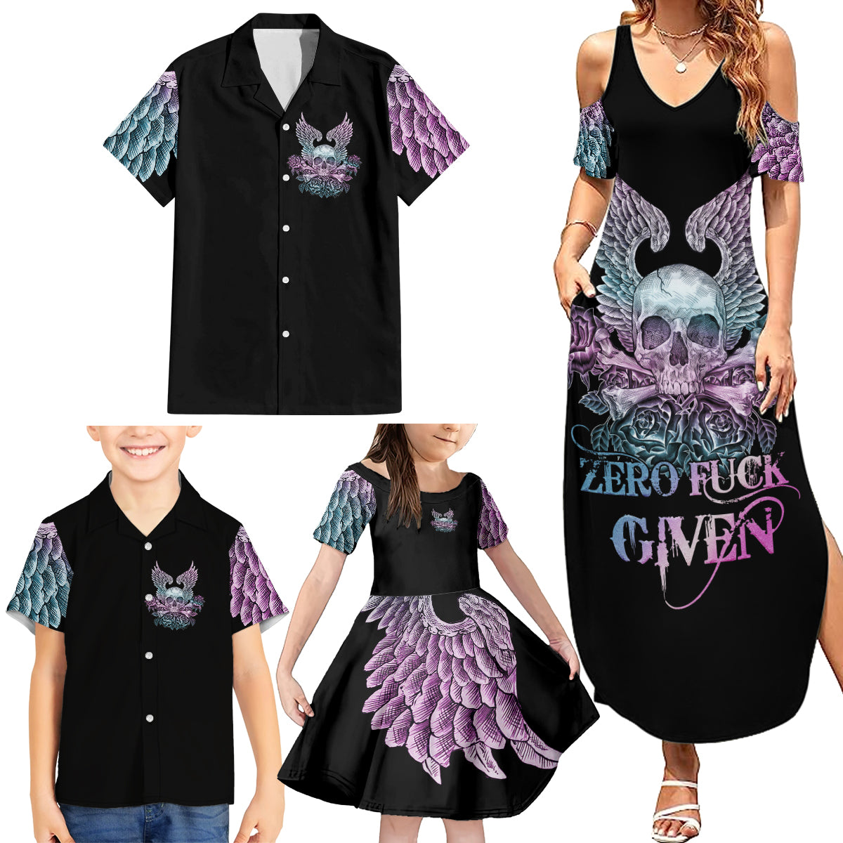 Skull Wings Roses - Zero Fuck Given Family Matching Summer Maxi Dress and Hawaiian Shirt - Wonder Print Shop